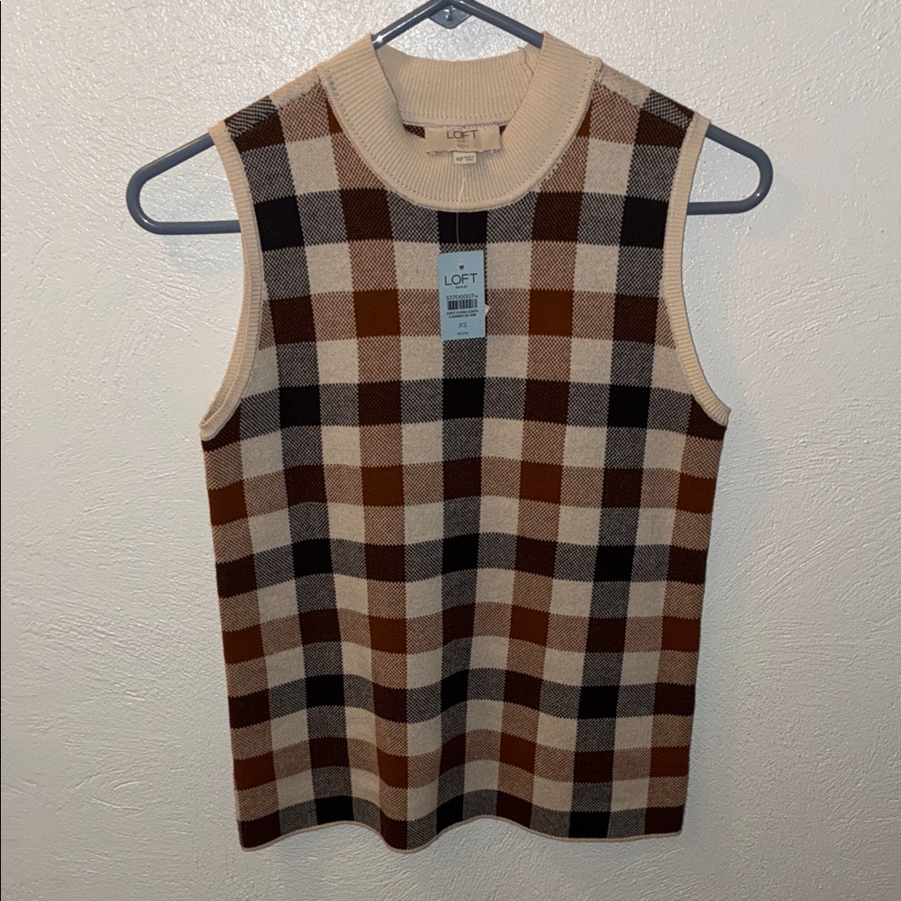 LOFT Checkered Sleeveless Tank/Sweater Vest - Brown and Cream
